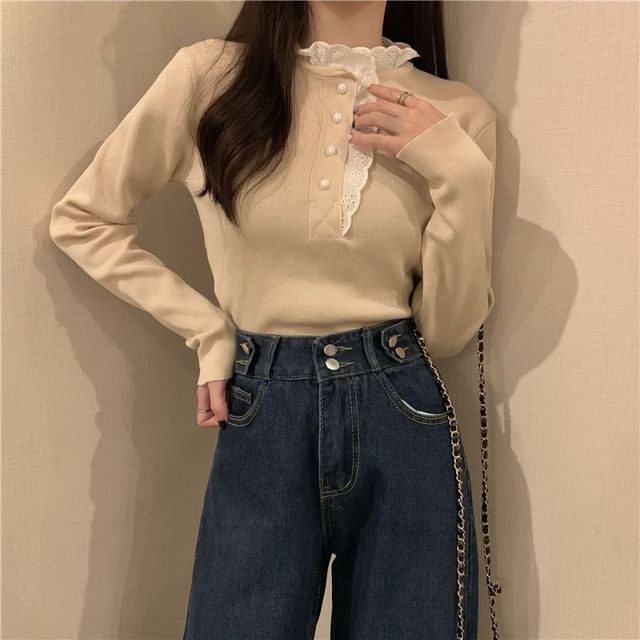 Stand Collar Lace Trim Half-Buttoned Knit Top