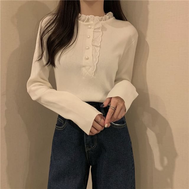 Stand Collar Lace Trim Half-Buttoned Knit Top