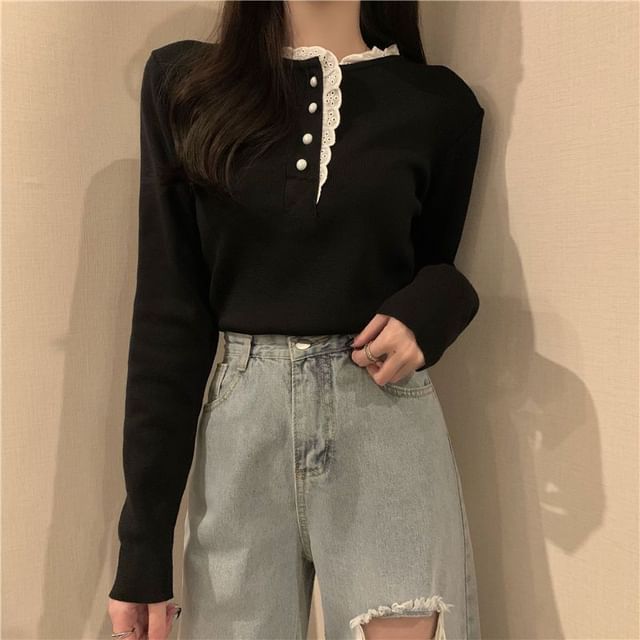 Stand Collar Lace Trim Half-Buttoned Knit Top