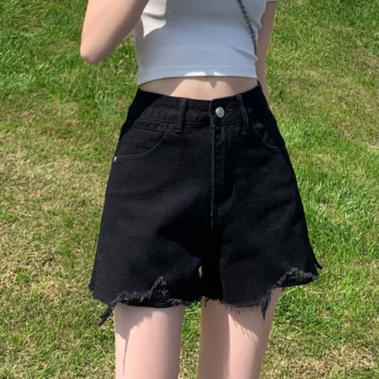 High Waist Washed Frayed Distressed Denim Wide Leg Shorts