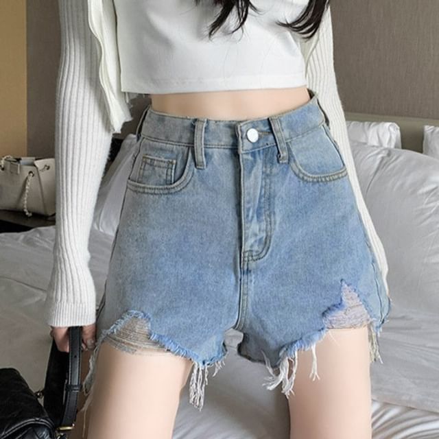 High Waist Washed Fringed Distressed Denim Wide Leg Shorts