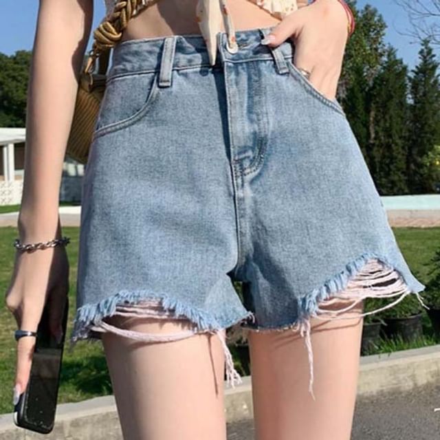 High Waist Washed Frayed Distressed Denim Wide Leg Shorts