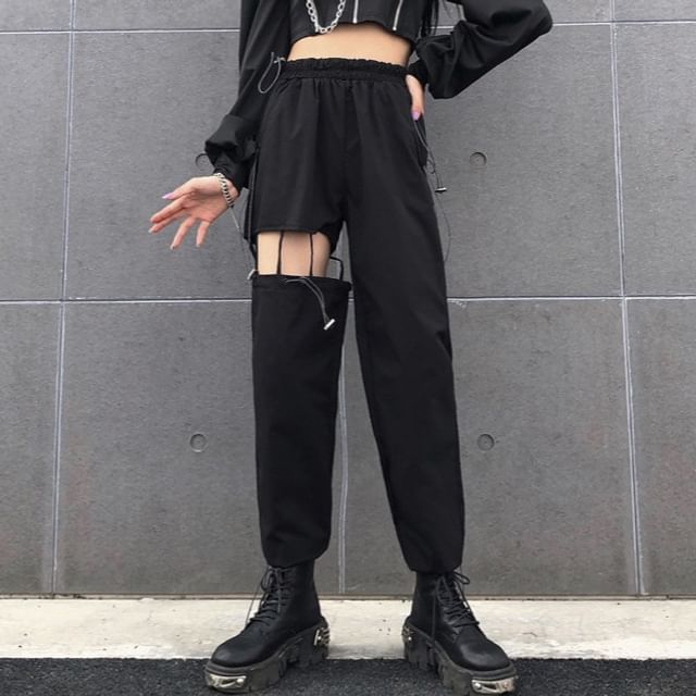 High Waist Plain Cutout Straight Leg Cargo Pants