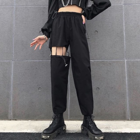 High Waist Plain Cutout Straight Leg Cargo Pants