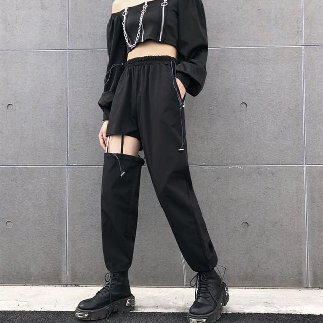 High Waist Plain Cutout Straight Leg Cargo Pants