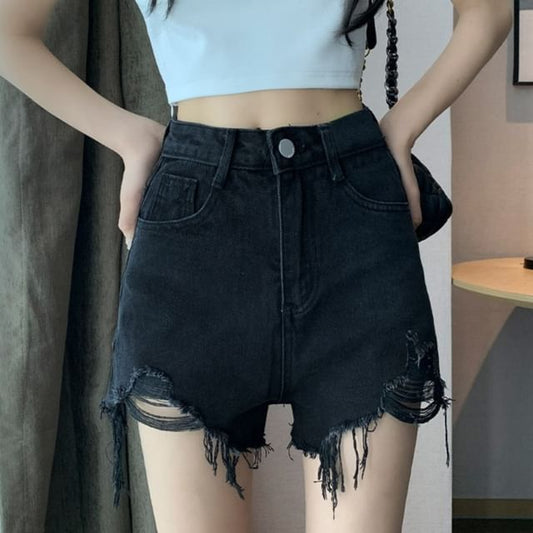 High Waist Washed Fringed Distressed Denim Wide Leg Shorts