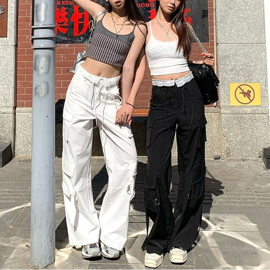 Drawstring Waist Panel Lace Wide Leg Cargo Pants (Various Designs)