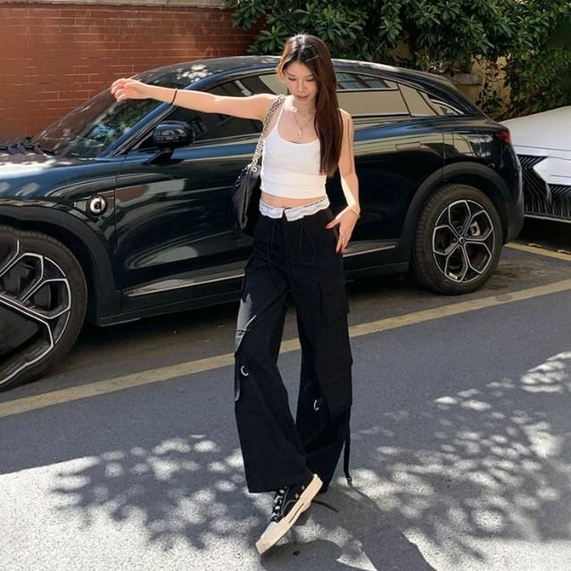 Drawstring Waist Panel Lace Wide Leg Cargo Pants (Various Designs)
