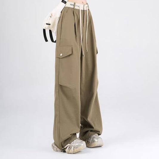 Low Rise Plain Wide Leg Cargo Pants