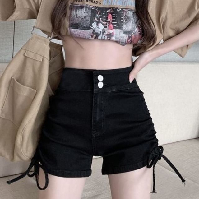 High Waist Washed Denim Drawstring Shorts