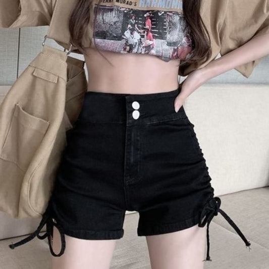 High Waist Washed Denim Drawstring Shorts