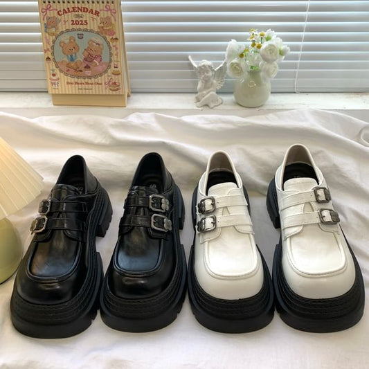 Faux Leather Buckle Strap Platform Loafers