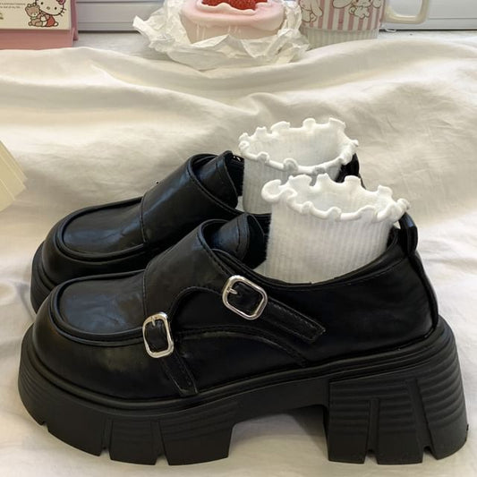 Faux Leather Platform Buckle Strap Loafers