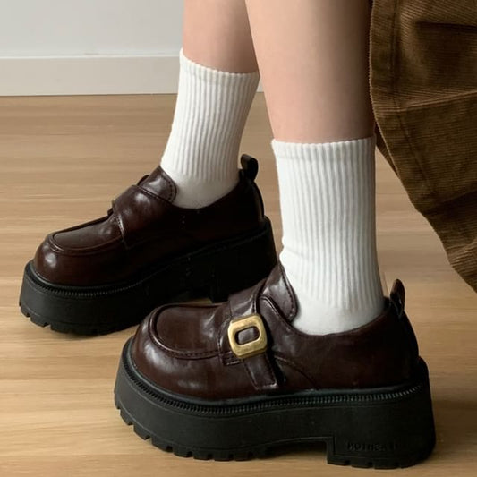 Faux Leather Platform Buckle Loafers