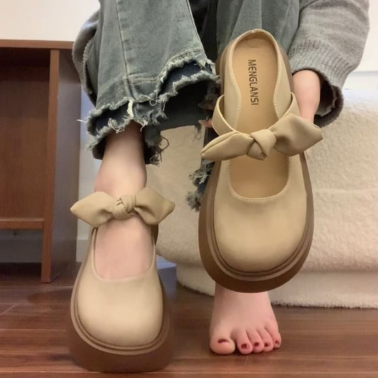 Faux Leather Bowknot Platform Mary Jane Shoes