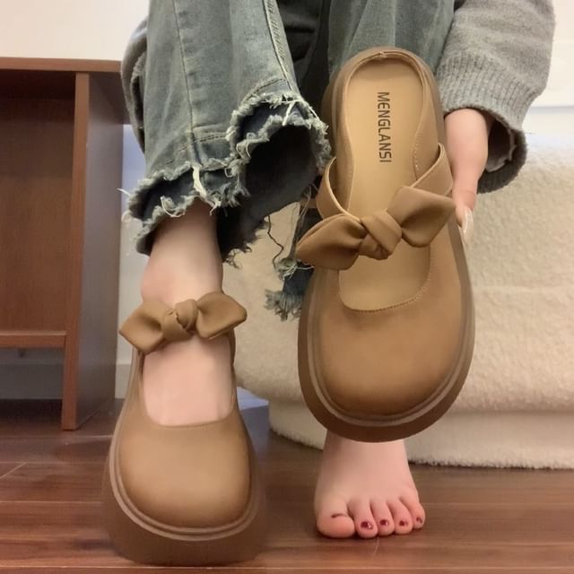 Faux Leather Bowknot Platform Mary Jane Shoes
