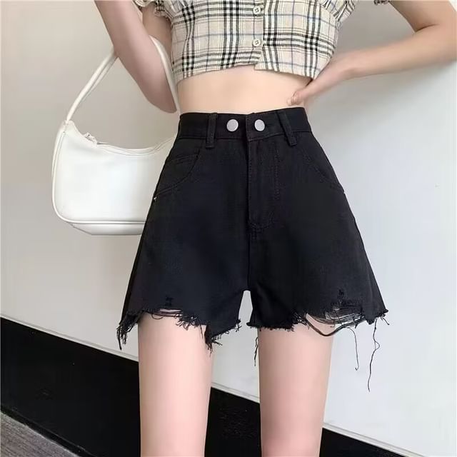 High Waist Plain Frayed Distressed Denim Wide Leg Shorts