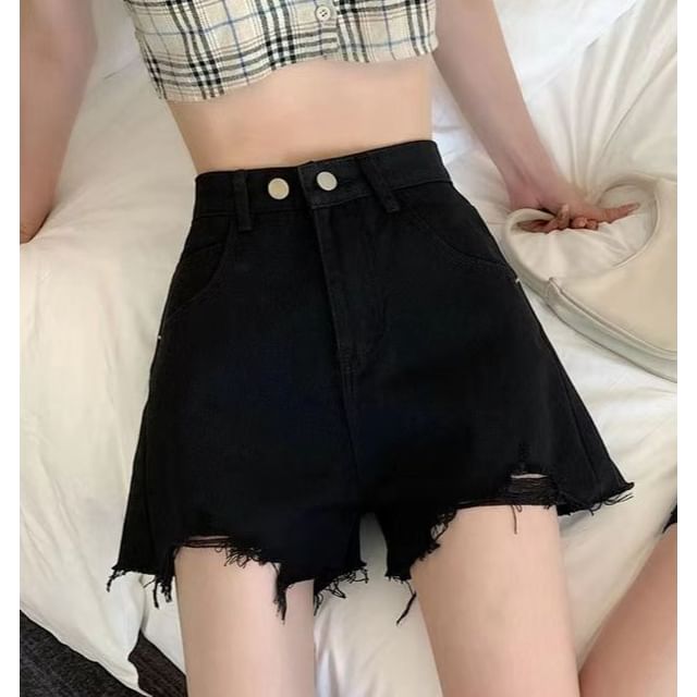 High Waist Plain Frayed Distressed Denim Wide Leg Shorts
