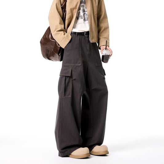 Mid Waist Plain Wide Leg Cargo Pants
