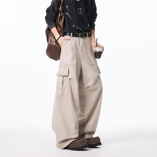 Mid Waist Plain Wide Leg Cargo Pants