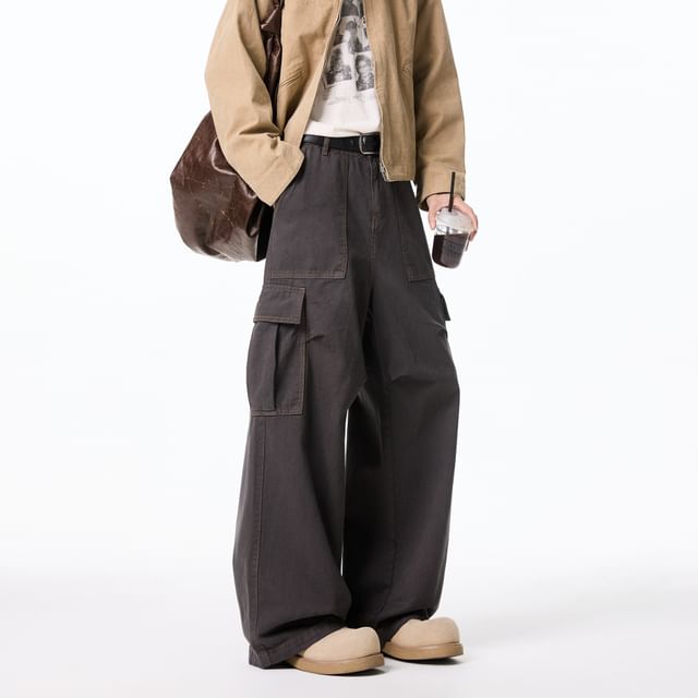 Mid Waist Plain Wide Leg Cargo Pants