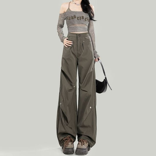 High Waist Plain Baggy Cargo Pants