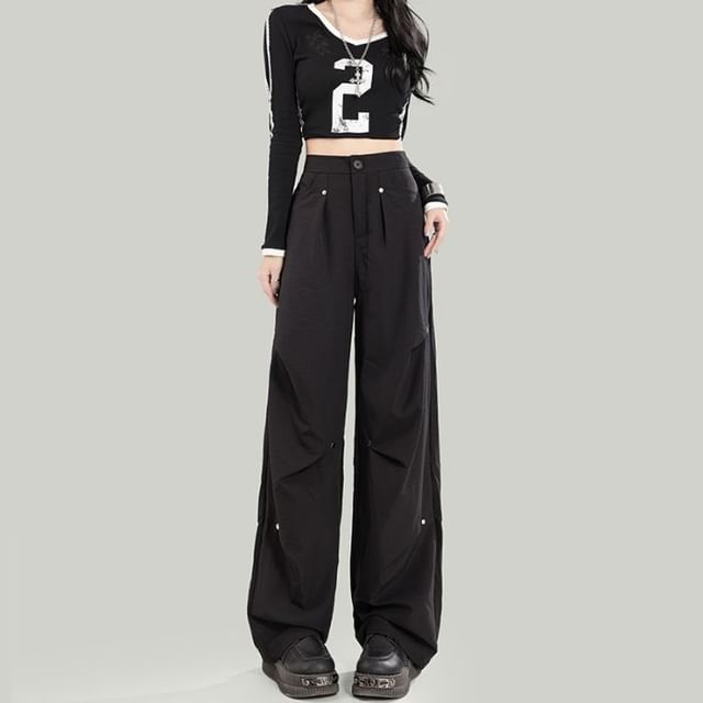 High Waist Plain Baggy Cargo Pants