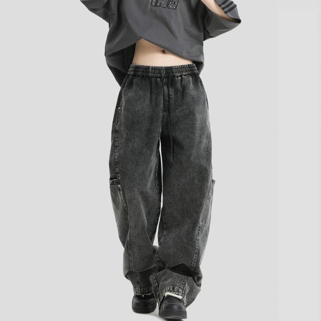 Drawstring Waist Washed Baggy Cargo Pants