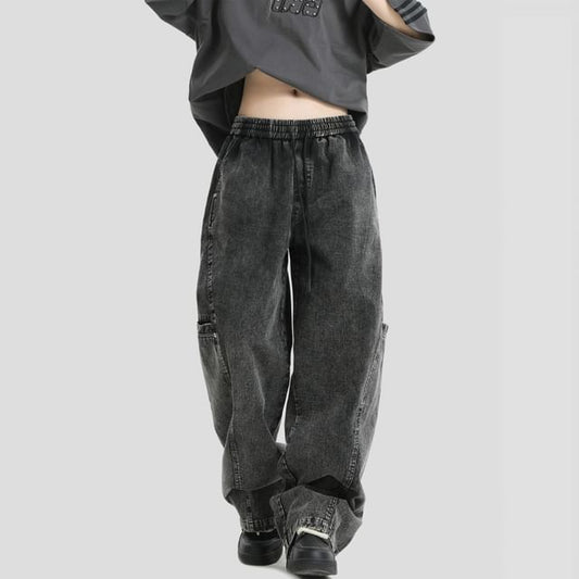 Drawstring Waist Washed Baggy Cargo Pants