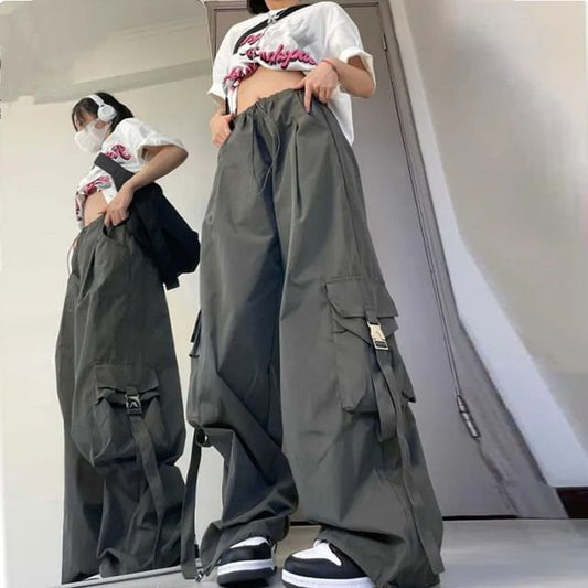 Drawstring Waist Plain Cargo Baggy Pants