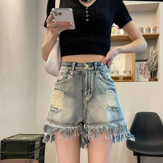 High Waist Washed Distressed Tassel Trim Denim Shorts