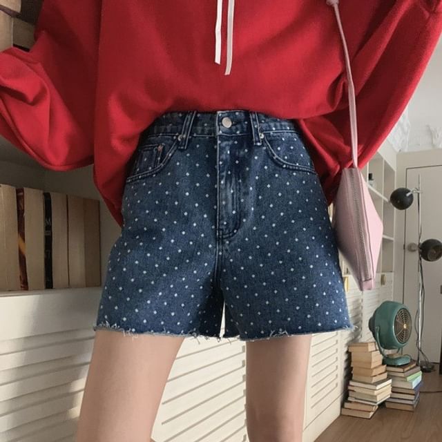 High Waist Dotted Fray Denim Shorts