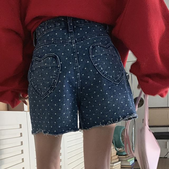 High Waist Dotted Fray Denim Shorts