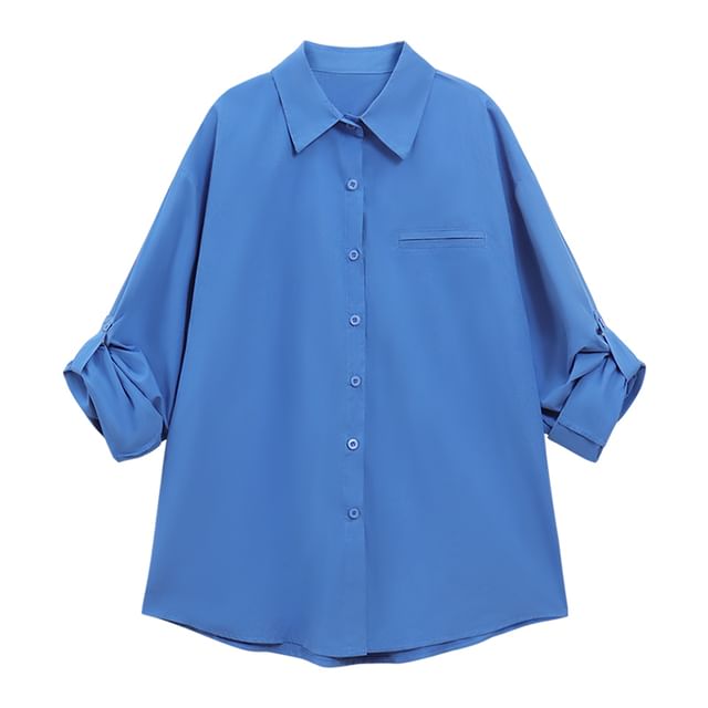 Long-Sleeve Plain Oversized Shirt / Mid Rise Roll Up Hem Denim Shorts