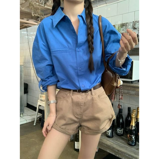 Long-Sleeve Plain Oversized Shirt / Mid Rise Roll Up Hem Denim Shorts