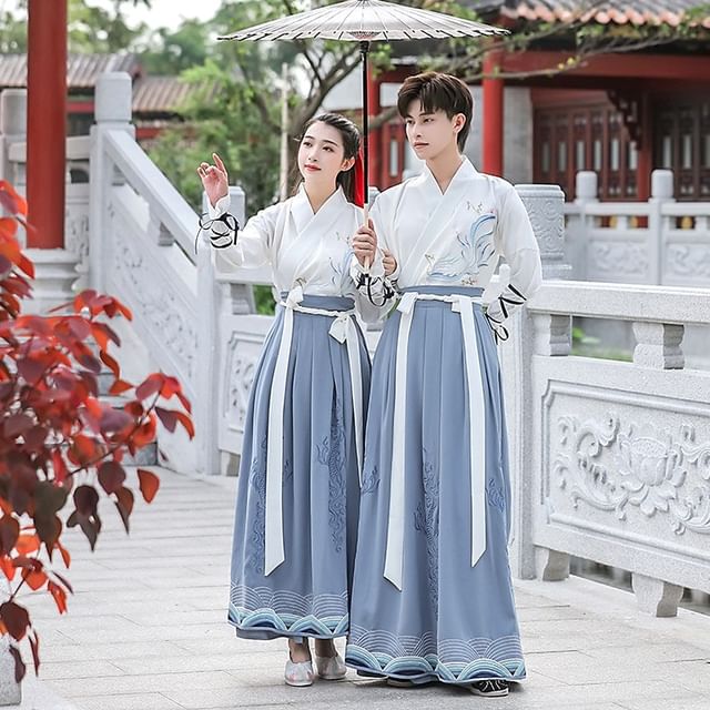 Couple Matching Long-Sleeve Embroidered Hanfu Top / Maxi Skirt / Hanfu Robe / Set