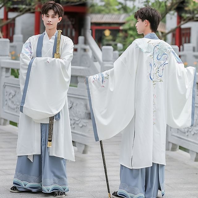Couple Matching Long-Sleeve Embroidered Hanfu Top / Maxi Skirt / Hanfu Robe / Set