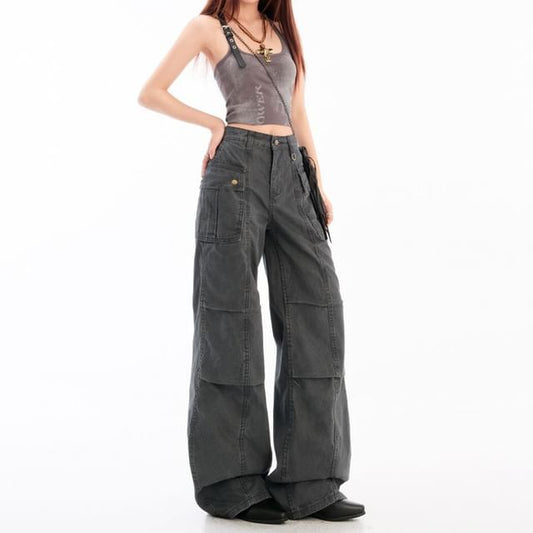 Mid Waist Plain Baggy Cargo Pants (Various Designs)
