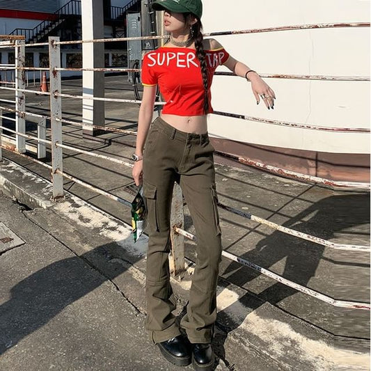 Low Waist Plain Flared Cargo Pants (Various Designs)