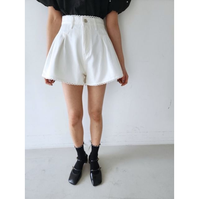 High Waist Lace Trim Denim Shorts