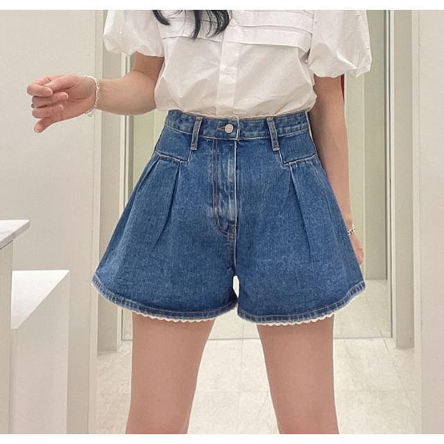 High Waist Lace Trim Denim Shorts