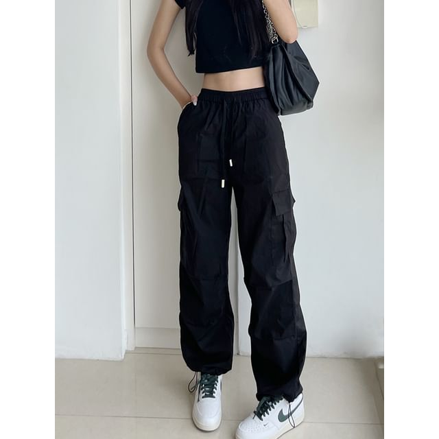 High Rise Plain Cargo Straight Leg Pants