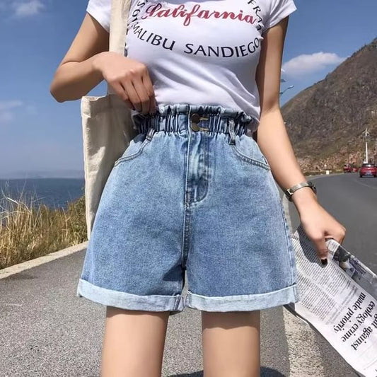 High Waist Paperbag Washed Denim Shorts