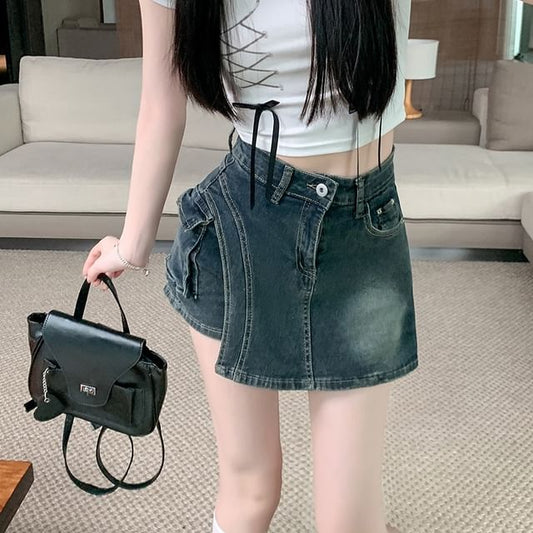 High Waist Asymmetrical Denim Skort
