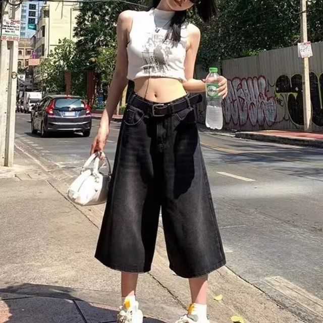 Mid Waist Washed Wide Leg Jorts