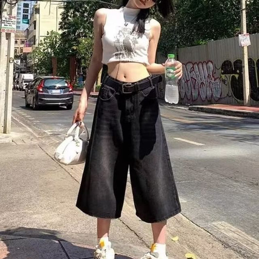 Mid Waist Washed Wide Leg Jorts