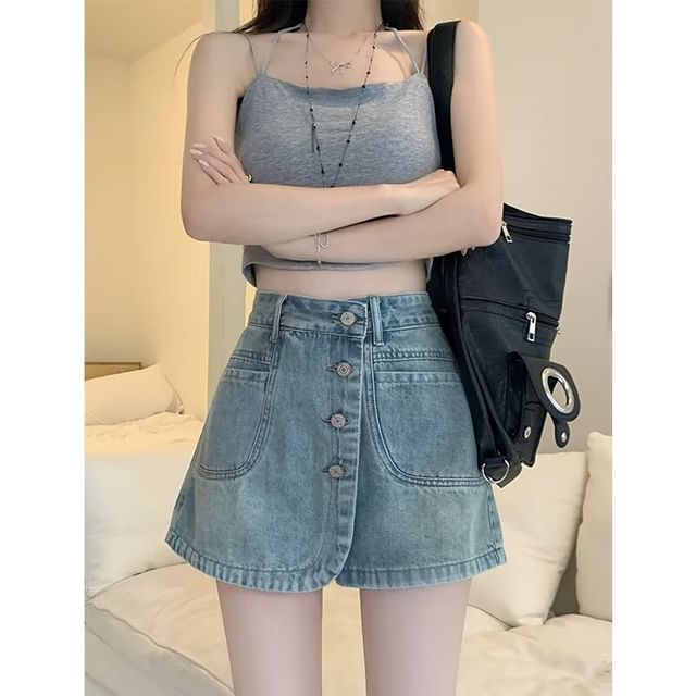 Mid Waist Washed Denim Wrap Skorts