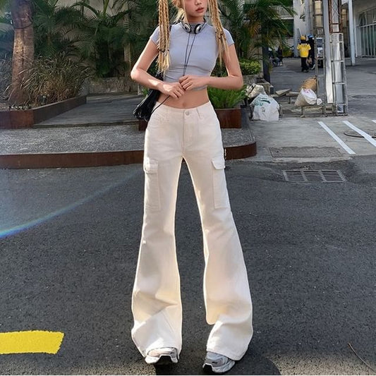 Mid Rise Plain Bootcut Cargo Pants