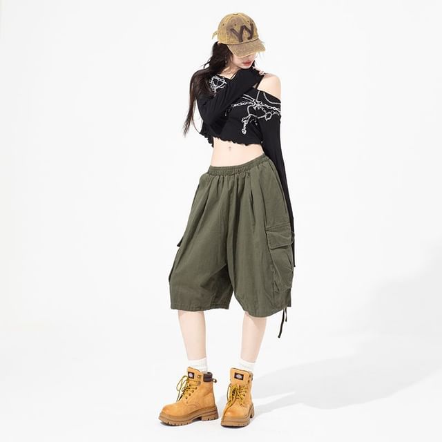 High Waist Wide Leg Cargo Capri Pants