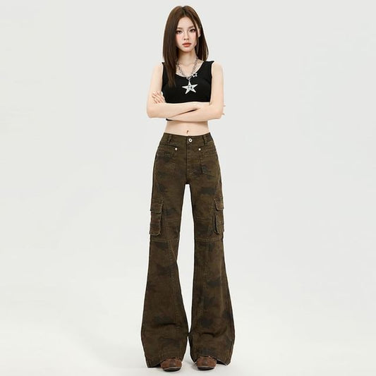 Mid Waist Camouflaged Flared Cargo Pants (Various Designs)
